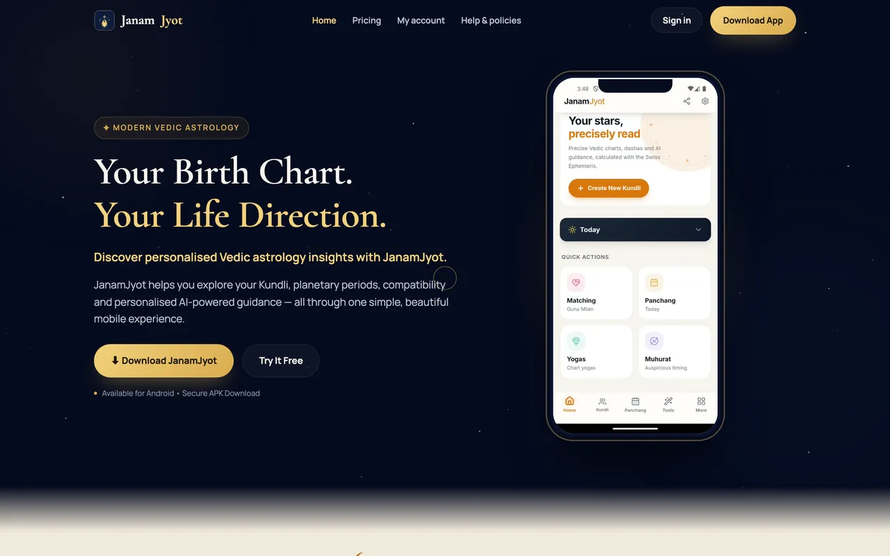 The live JanamJyot site showing the Vedic astrology app