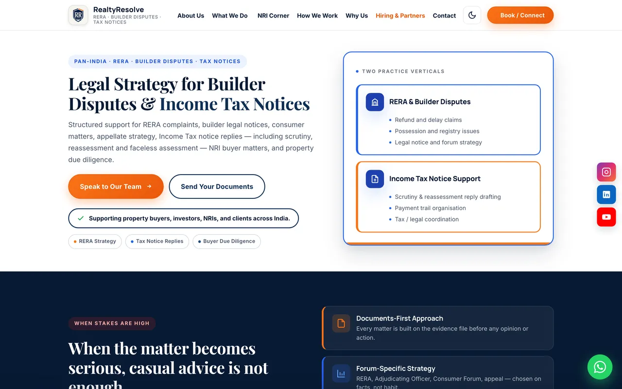 The live RealtyResolve site: two practice verticals, RERA disputes and income-tax notices